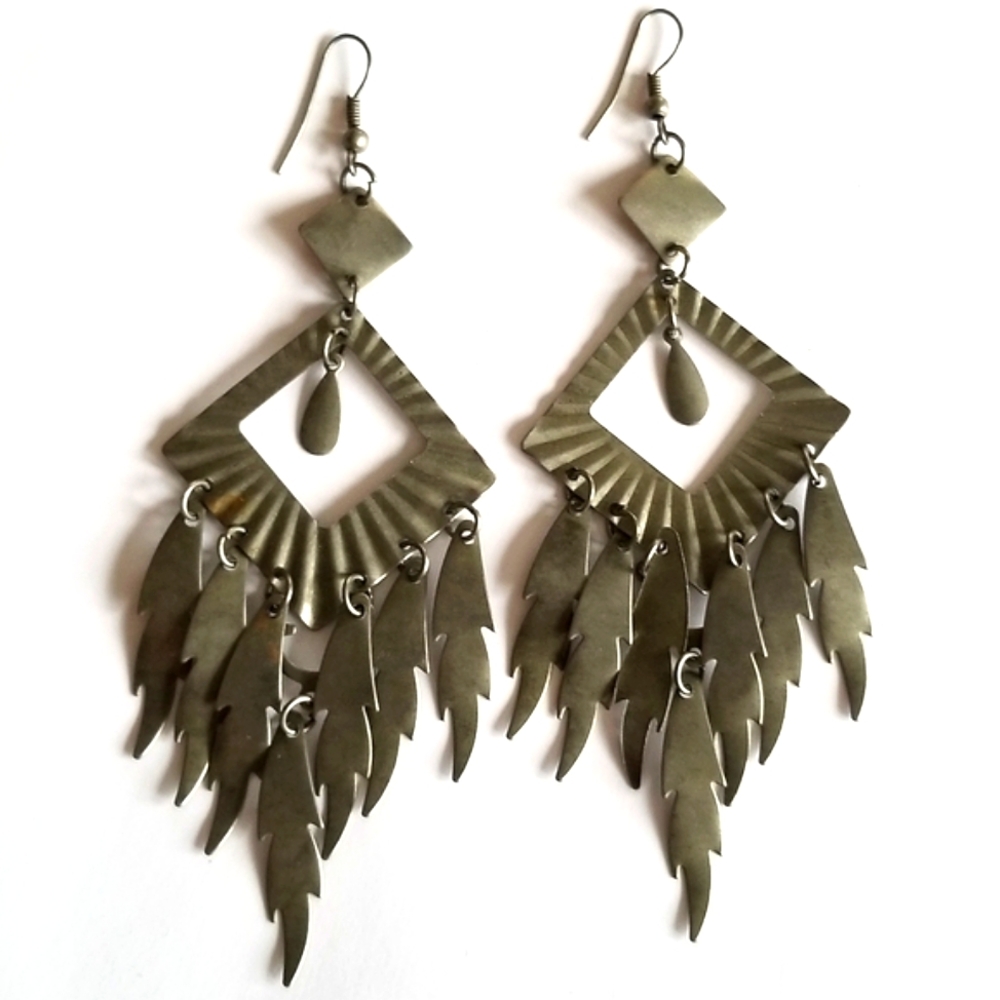Boho earrings big oversized dark silver tone gunmetal feathers bohemian